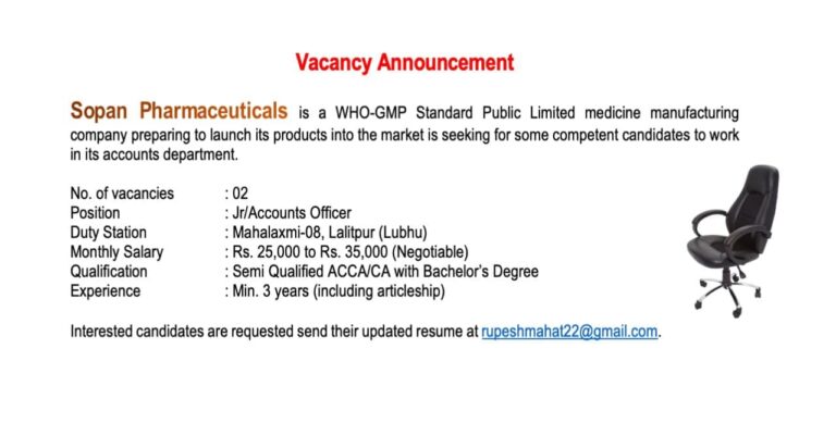 Vacancy for ACCA at Sopan Pharmaceuticals